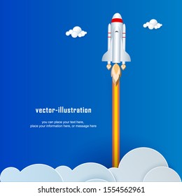 Start Up Rocket with clouds on blue background