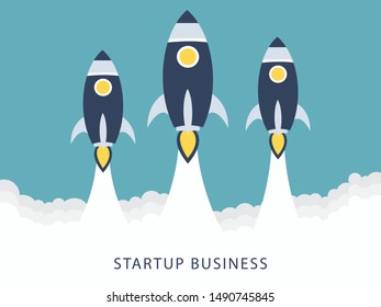 Start Up rocket flies up, flat design style. Vector concept of new business startup.