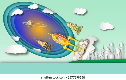 start up of rocket flying from earth to space with landscape cityscape ,vector or illustration with paper art style