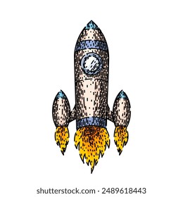 start rocket hand drawn. science shuttle, fire astronaut, sky galaxy start rocket vector sketch. isolated color illustration