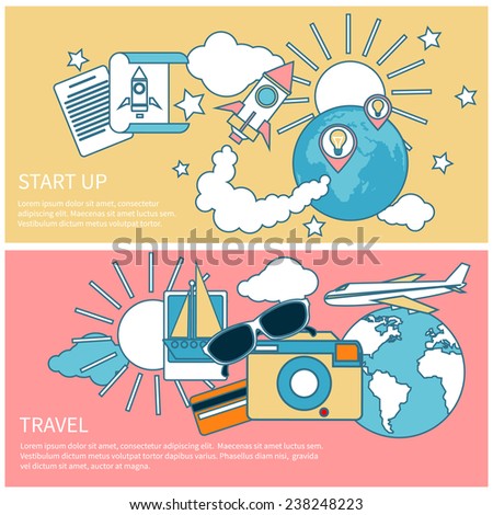 Start up rocket idea. New business project start up, launching new product or service in flat design. International business travel by airplane. Tourist icons around the planet
