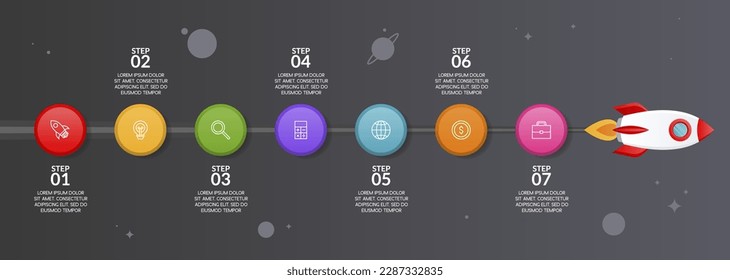 start up rocket Infographics design template and icons with 7 steps. use as workflow process diagram,business data  presentation, timeline layout, milestone, banner, brochure, flow chart