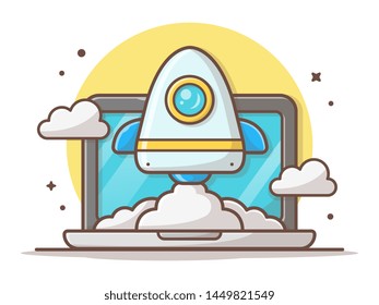 Start Up Rocket Launch with Laptop and Cloud Vector Illustration. Start Up Illustration Concept of Business. Flat Cartoon Style Suitable for Web Landing Page,  Banner, Flyer, Sticker, Card, Background