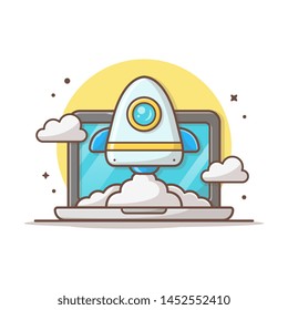 Start Up Rocket Launch with Laptop and Cloud Vector Illustration. Start Up Illustration Concept of Business. Flat Cartoon Style Suitable for Web Landing Page,  Banner, Flyer, Sticker, Card, Background
