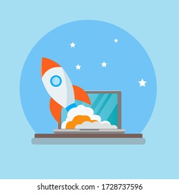 Start Up Rocket Launch with Laptop and Cloud conceptual design Illustration vector.