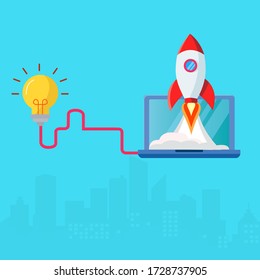 Start Up Rocket Launch with Laptop, Cloud and lamp conceptual design Illustration vector.