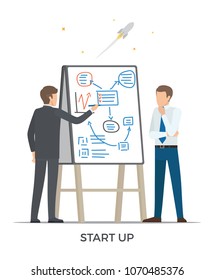 Start up and rocket launched, people writing their ideas on interactive board and sharing thoughts vector illustration isolated on white
