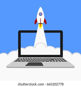 Start up rocket on laptop screen with clouds