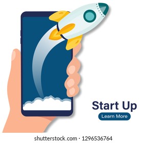 Start Up Rocket phone. Rocket launch from smartphone, Concept business start up project. idea of successful business project start up, boost technology, innovation strategy