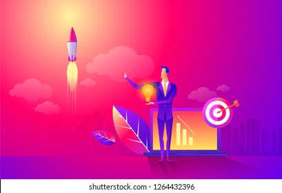 Start rocket ship in a flat style. Business startup work moments flat banner. New ideas, search for investor, increased profits. Business situation. Businessman launching startup rocket to space.