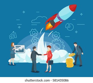 Start rocket ship in a flat style. Business startup work moments flat banner. New ideas, search for investor, increased profits. Business situation. Businessman and businesswoman enter into a contract