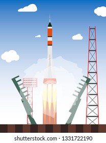 Start rocket from the spaceport. Launch raekty in space. Vector illustration