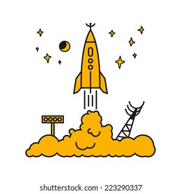 Start of the Rocket from the spaceport to stars and planets, raising puffs of smoke, vector illustration