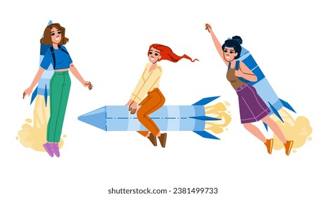 start rocket woman vector. startup fly, speed power, boost creative start rocket woman character. people flat cartoon illustration