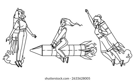 start rocket woman vector. startup fly, speed power, boost creative start rocket woman character. people black line pencil drawing illustration