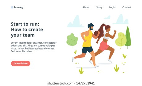 Start to run flat vector landing page template. Couple in love doing sports. Jogging sportive man and woman, people running marathon. Active date idea. Competition and exercise web banner 