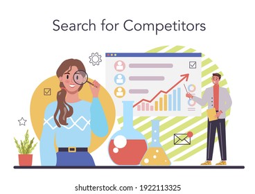 Iniciar el concepto en ejecución. Búsqueda y análisis de competidores. Investigación de mercado y desarrollo de estrategias empresariales. Gráfico y gráfico, diagrama de fechas. Ilustración vectorial aislada en estilo de dibujos animados