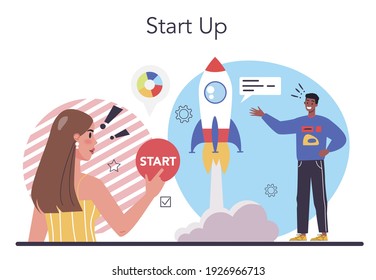 Start up running concept. New business launching. Company presentation and registration. Brand and identity building process. Isolated vector illustration in cartoon style