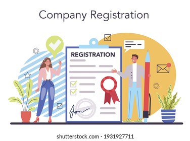 Start up running concept. New company registration. Business start up form. Brand and identity building process. Company formation procedure. Isolated vector illustration in cartoon style