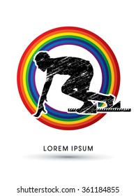 Start Running, designed using grunge brush on colorful rainbows background graphic vector.