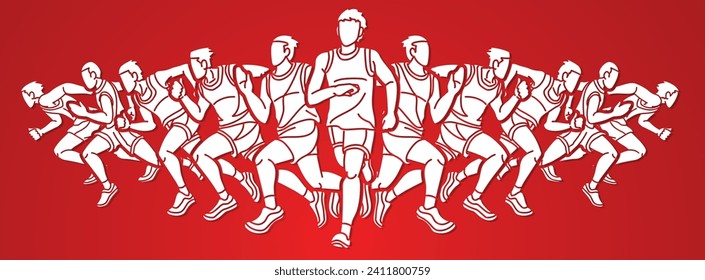 Start Running Men Runner Action Jogging Together Cartoon Sport Graphic Vector