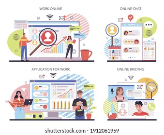 Start up running online service or platform set. Idea of a new business strategy. Business plan building. Online work, chat, briefing, work application. Isolated flat vector illustration