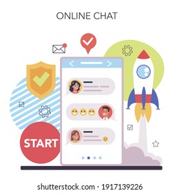 Start up running online service or platform. New business launching. Company presentation and registration. Online chat. Isolated vector illustration