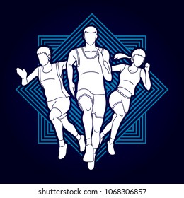 Start Running, People running action designed on line square background graphic vector. 