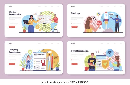 Comenzar a ejecutar el banner web o el conjunto de páginas de inicio. Lanzamiento de nuevos negocios. Presentación y registro de la empresa. Proceso de creación de marca e identidad. Ilustración vectorial aislada en estilo de dibujos animados