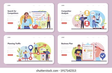 Start up running web banner or landing page set. Idea of a new business strategy. Financial research, competitor analysis and business plan building. Isolated flat vector illustration