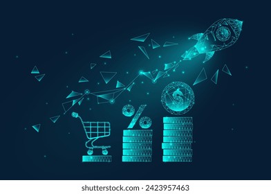 Start sales digital concept. Modern technologies and innovations. Stack of golden coins near cart, percents and rocket. Investment and trading, financial literacy. Isometric vector illustration