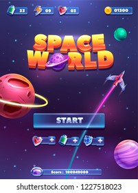 Start Screen Game Template. Space Game Elements And Template Illustration. 