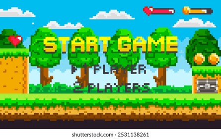 Start screen of a pixelated video game set in a forest with trees, health bars, and game options for one or two players. Ideal for video games, retro design, gaming interfaces, pixel art, user