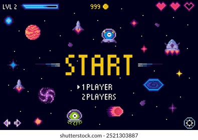 Tela INICIAR com um estilo de arte retrô pixel mostrando naves espaciais, estrelas, planetas e alienígenas. Inclui as opções de início para um ou dois jogadores. Ideal para jogos retrô, temas de espaço, interfaces de arcade, jogo