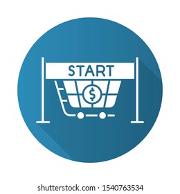 Start selling blue flat design long shadow glyph icon. Store opening. Entrance to supermarket, shopping cart.  