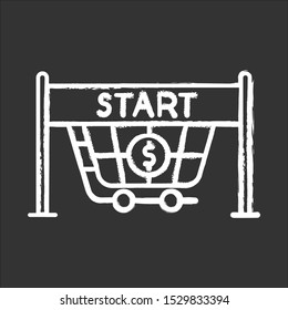 Start selling chalk icon. Store opening. Waiting for buyers. Entrance to supermarket, shopping cart. Trading. Launch new business. Commercial activity. Isolated vector chalkboard illustration