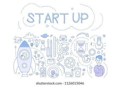 Start up set, hand drawn financial design elements for banner, poster, brochure, flyer, advertising vector Illustration