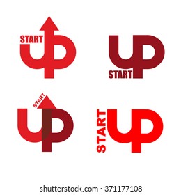 Start UP Set Logo. Emblem To Starting Business Projects. Up Arrow. Sign For Running And Beginning Of Process Of Case. Startup New Biz Project And Idea