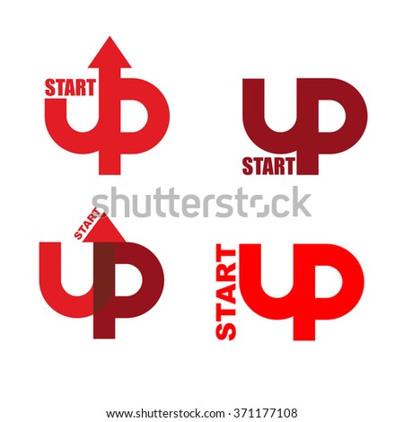Start UP set logo. Emblem to starting business projects. Up arrow. Sign for Running and beginning of process of case. Startup new biz project and idea