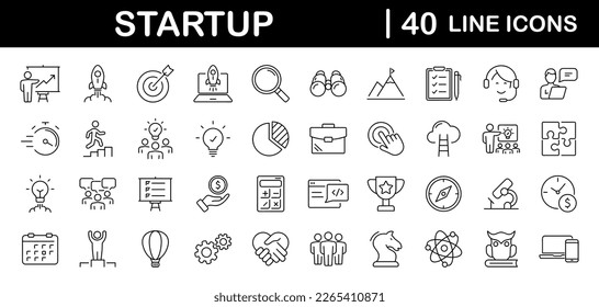Start up set of web icons in line style. Business startup icons for web and mobile app. Startup project, development, creative idea, target, innovation, marketing, launch business, strategy and more