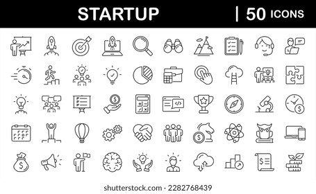 Start up set of web icons in line style. Business startup icons for web and mobile app. Startup project, development, creative idea, target, innovation, marketing, launch business, strategy and more