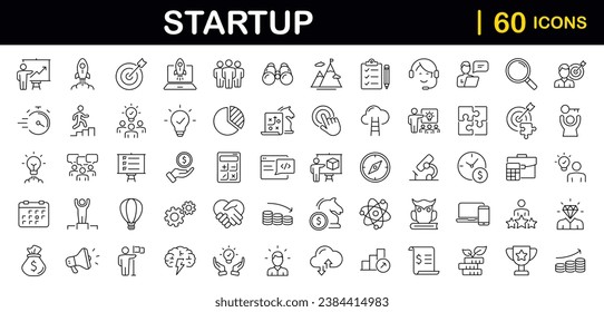 Start up set of web icons in line style. Business startup icons for web and mobile app. Startup project, development, creative idea, target, innovation, marketing, launch business, strategy and more