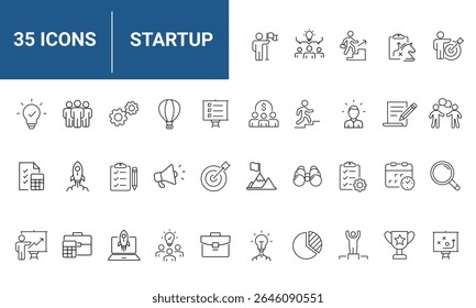 Start up set of web icons in line style. Business startup icons for web and mobile app. Startup project, development, creative idea, target, innovation, marketing, launch business, strategy and more