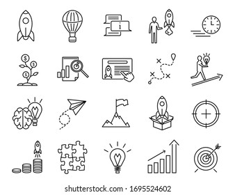 Start Up Sign Black Thin Line Icon Set Include Of Rocket, Target And Money. Vector Illustration Of Icons