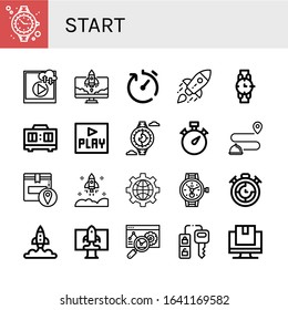 start simple icons set. Contains such icons as Watch, Video, Startup, Delivery time, Timer, Play, Stopwatch, Tracking, Internet, Web, Car key, can be used for web, mobile and logo