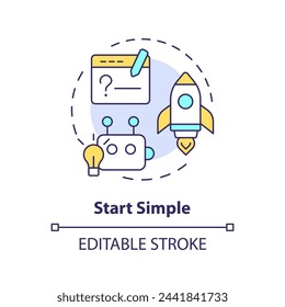 Start simple multi color concept icon. Prompt engineering tips. Design clear instruction. Ask basic question. Round shape line illustration. Abstract idea. Graphic design. Easy to use in article