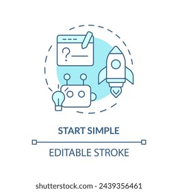 Start simple soft blue concept icon. Prompt engineering tips. Design clear instruction. Ask basic question. Round shape line illustration. Abstract idea. Graphic design. Easy to use in article