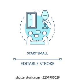 Iniciar un pequeño icono de concepto azul. Construyendo relación. Citas. Impulsar las habilidades sociables abstractas de la idea en línea delgada. Dibujo de contorno aislado. Trazo editable. Fuentes Arial, Myriad Pro-Bold utilizadas