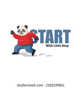 Start with small steps. cartoon panda with stepping pose for t-shirt, banner, and website design. quote typography