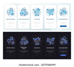 Start social enterprise dark, light onboarding mobile app page screen. Walkthrough 5 steps graphic instructions with concepts. UI, UX, GUI vector template with linear night and day mode illustrations